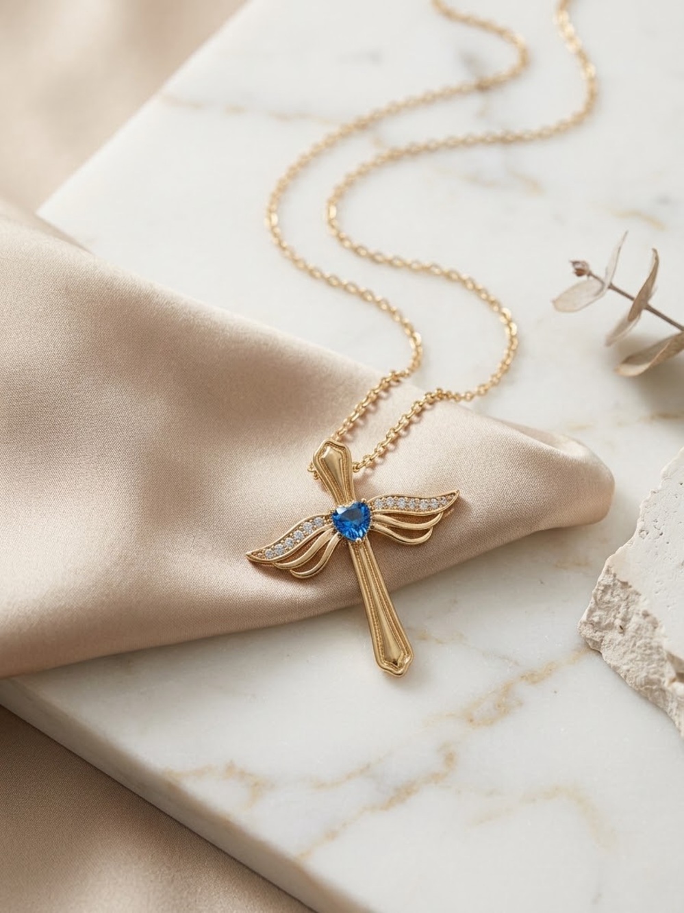Gold Cross Pendant Necklace with Blue Heart Stone